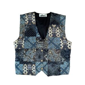 Vintage Effeci Blue & Gold Beaded Patchwork Vest 80s 90s Cottagecore Boho Medium